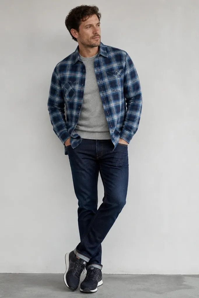 A blue flannel shirt is worn half-buttoned over a grey crewneck sweater. Dark denim jeans are visible, and the shoes are dark sneakers. The flannel has a blue-and-white check and the collar sits over the sweater neckline.