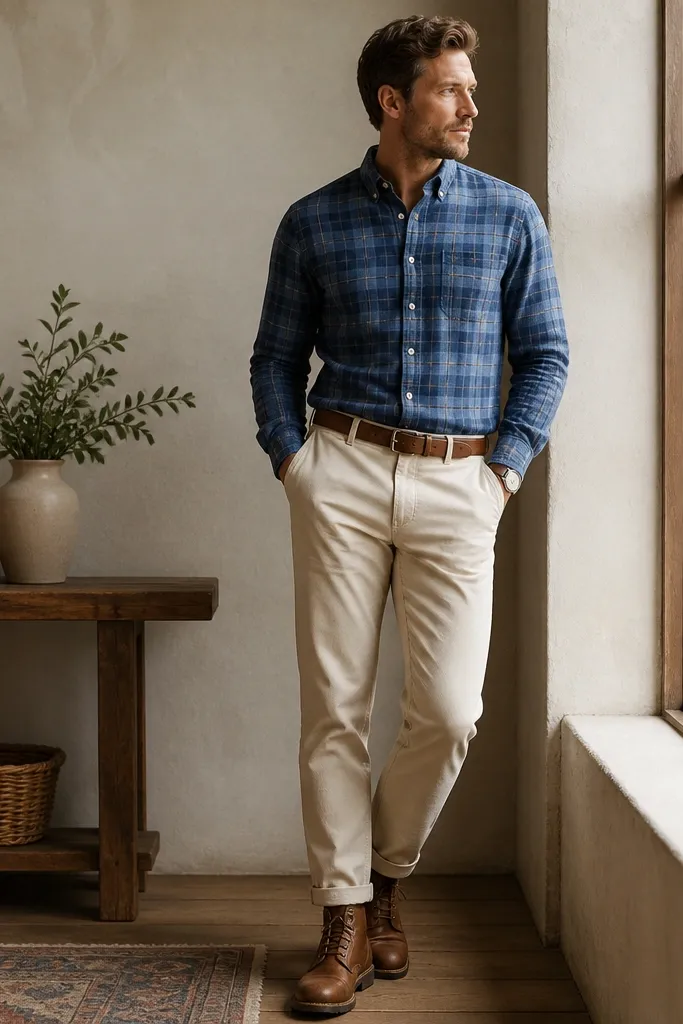 A medium blue flannel is buttoned and tucked into cream chinos. A brown leather belt is clearly visible. The boots are medium brown lace-up work boots and there's a simple watch on the wrist.