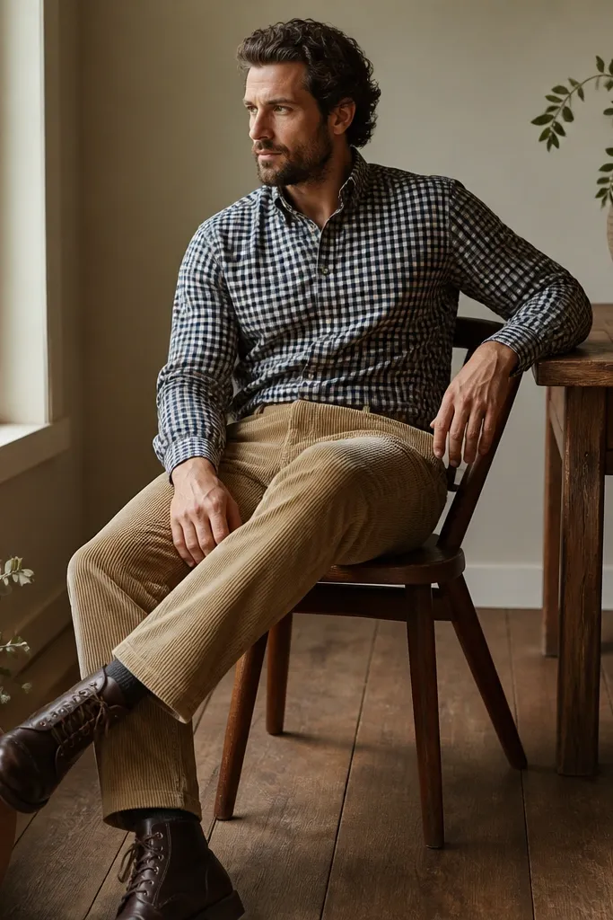 A navy blue flannel shirt is tucked into tan corduroy pants. The boots are dark brown with visible laces. The flannel pattern looks like small navy and off-white checks.