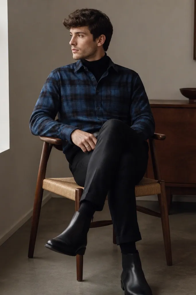 A blue flannel shirt is worn over a black turtleneck. The flannel is buttoned at least partway and tucked into black trousers or slim dark pants. Black Chelsea boots are visible.