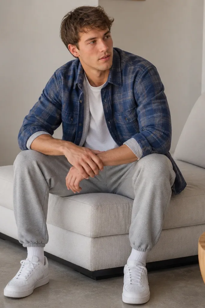 A blue flannel is worn open over a grey or white tee with sweatpants in medium heather grey. The sneakers are clean white. The flannel has a soft brushed look and the sleeves are cuffed.