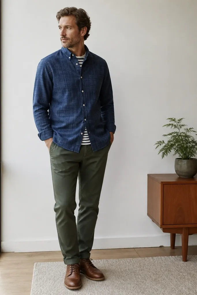 A blue flannel shirt is worn buttoned over a striped tee. The pants are dark green chinos and the shoes are brown leather. The flannel pattern looks subtle and the collar is visible.