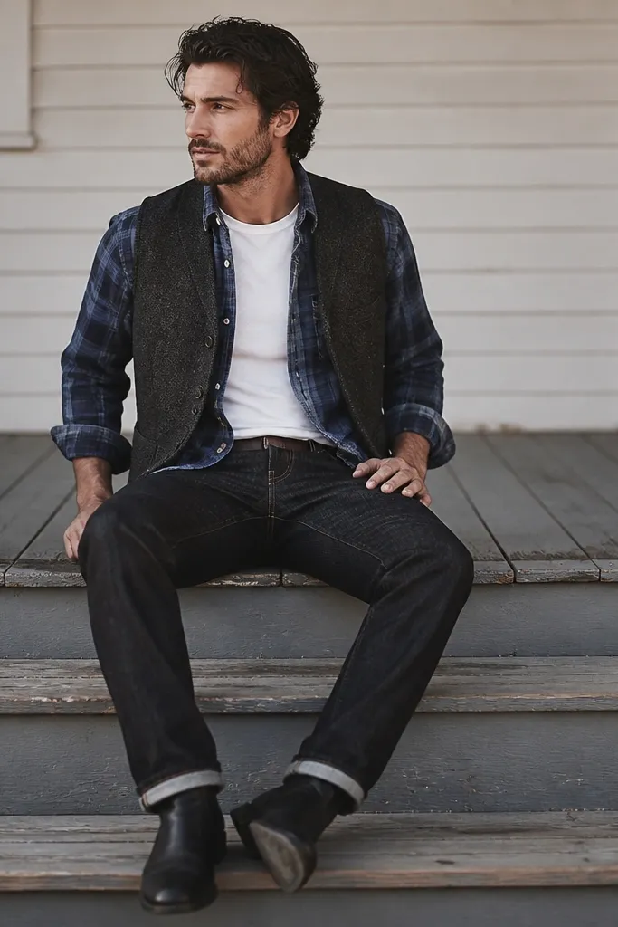 A white tee is layered under a blue flannel shirt that is worn open, and a charcoal wool vest sits on top. The pants are dark jeans and the shoes are black leather boots.