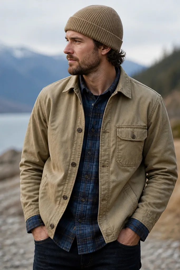 A blue flannel is worn under a khaki overshirt or utility jacket. The man wears a knit beanie in muted tan and has dark jeans. The flannel cuffs peek out near the wrists.