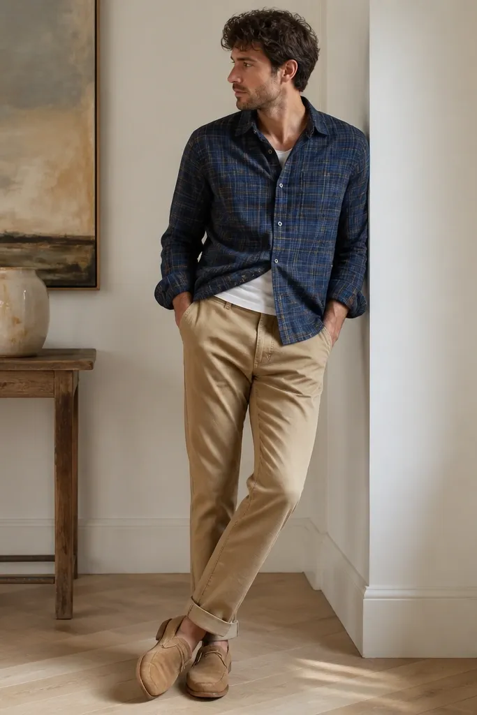 A blue flannel shirt is worn partially tucked with a white tee showing at the waist. Tan chinos are worn with a slight roll at the hem. Shoes are tan suede loafers or low lace-ups.