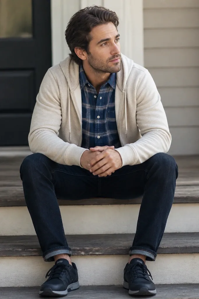 A man wears a blue flannel shirt under an oatmeal-colored hoodie. The hoodie is zipped or layered over the flannel, and the jeans are dark. The shoes are dark sneakers.