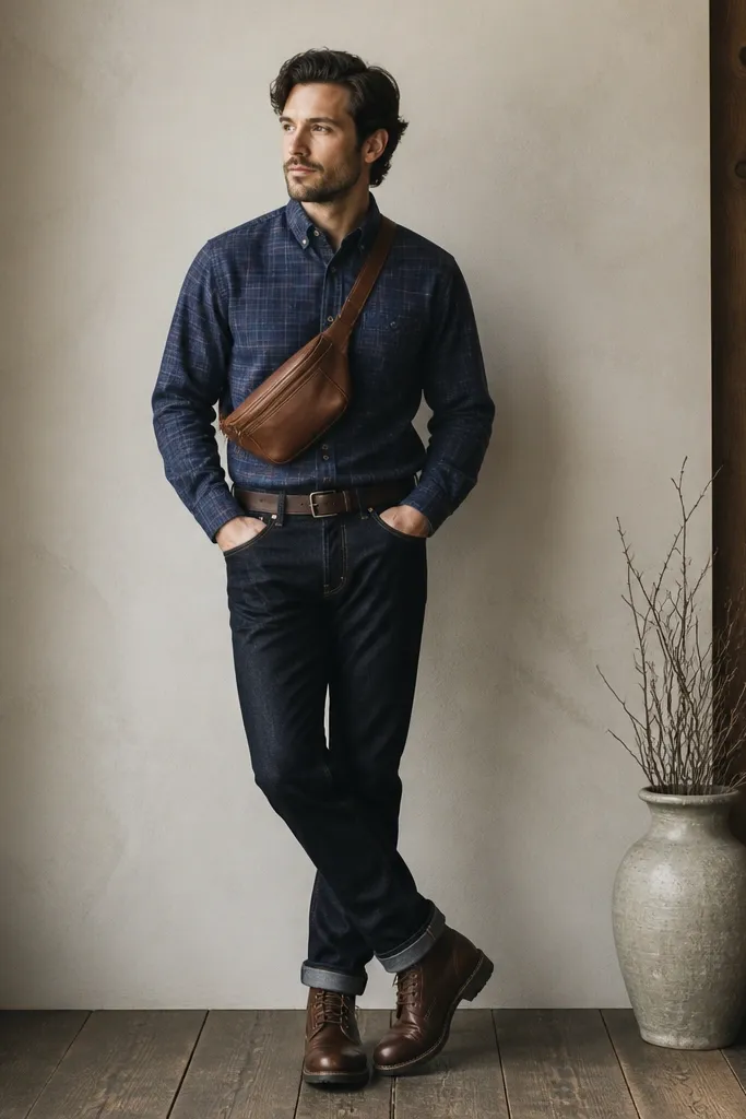 A blue flannel shirt is worn buttoned and tucked into dark jeans. A brown leather belt bag is worn crossbody across the chest. Boots are brown and the flannel has a subtle check pattern.