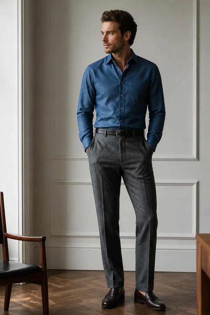 A blue flannel shirt is worn buttoned and tucked into grey wool trousers. Dark loafers are visible. The outfit looks clean and slightly formal, with a minimal belt and no loud patterns.