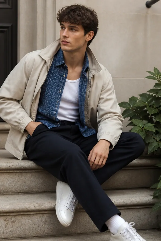 A blue flannel shirt is worn open over a white ribbed tank or beater. The pants are dark and the outer layer is a light jacket worn open. Shoes are white sneakers.