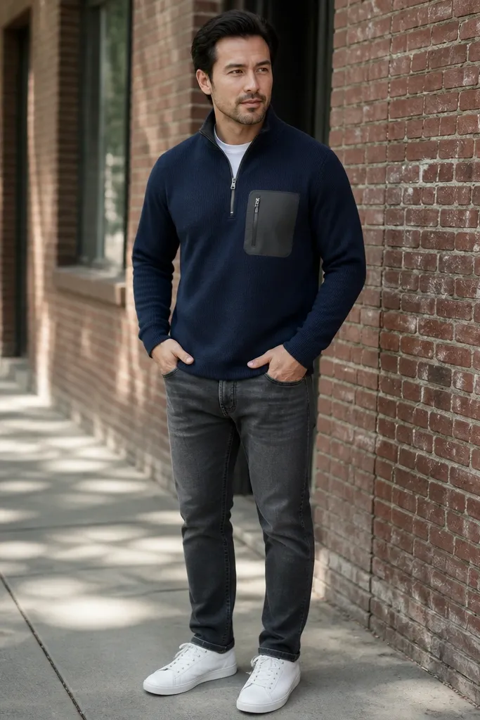 Model wears a navy blue quarter zip sweater with a visible zippered chest pocket on the left side, paired with charcoal straight-leg jeans and white low-top sneakers. The zipper pull is metallic and catches light; the pocket seam is clearly shown.