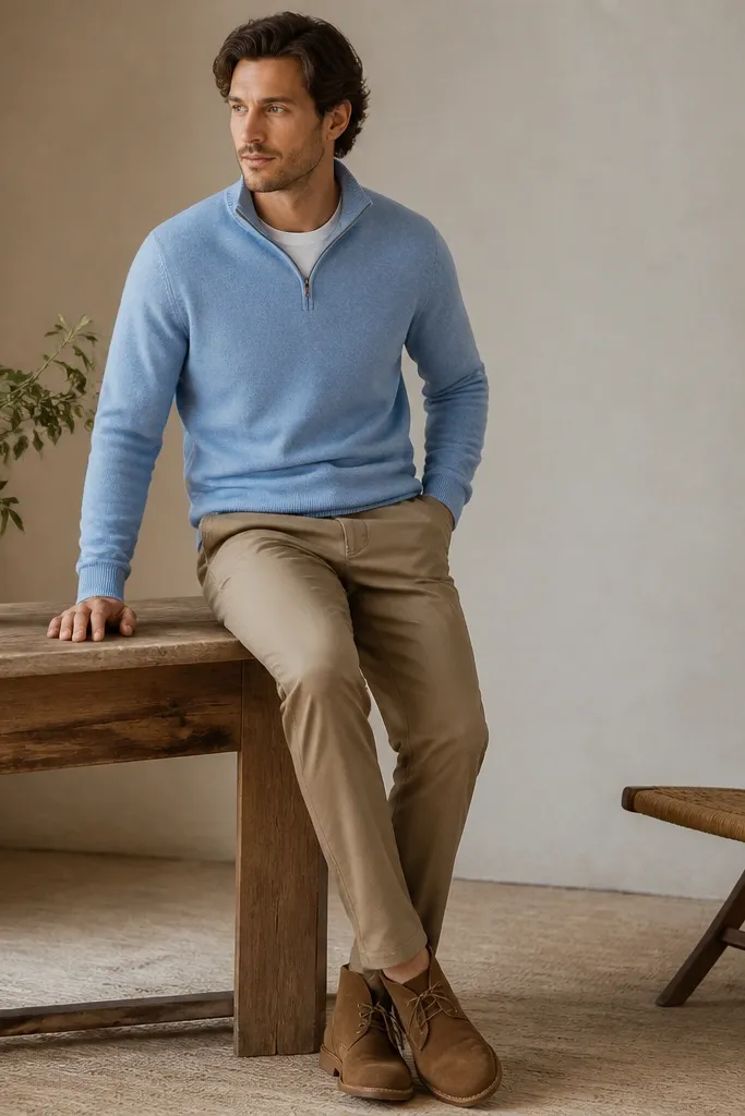 Sky blue quarter zip with a subtle knit texture, layered over a white crew tee, paired with tan twill trousers. The inner pocket is hinted by a small interior opening near the hem; shoes are brown suede desert boots.