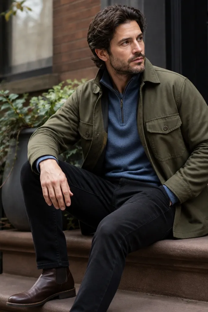 Mid-blue quarter zip with sleeve pocket seam near the forearm, worn under an olive overshirt with two button-flap chest pockets. Black jeans and dark brown leather boots complete the outfit.