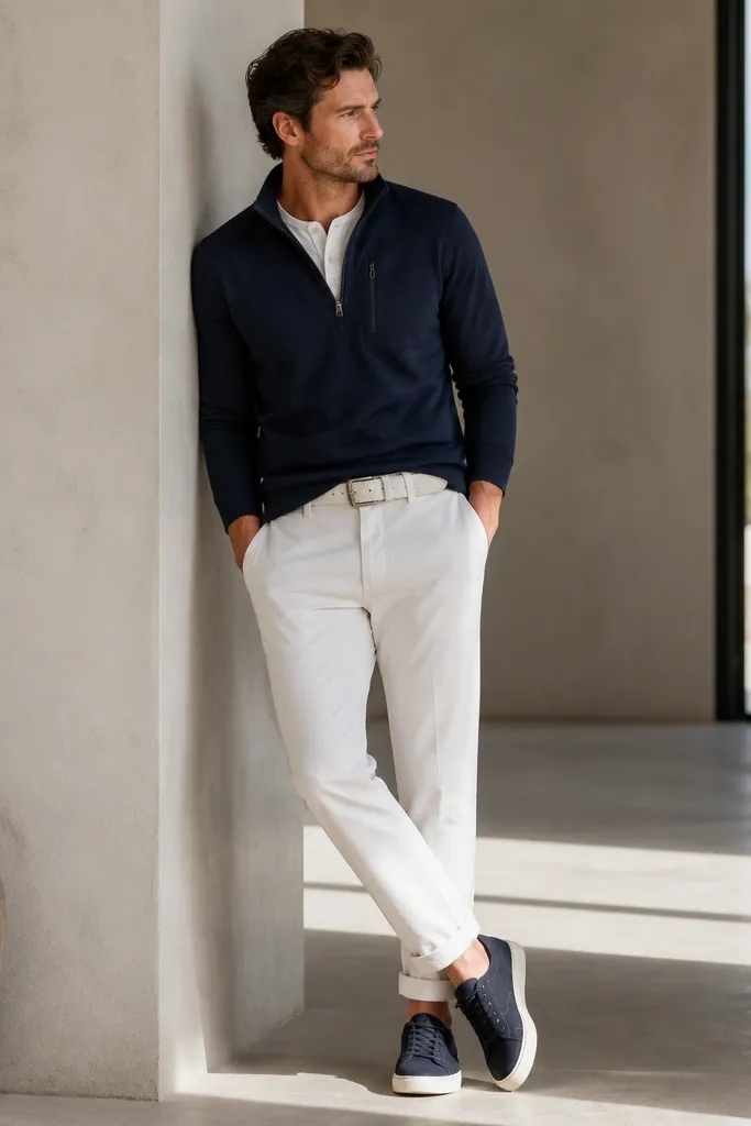 Navy quarter zip sweater worn over a white henley, featuring a hidden zip chest pocket. White chinos are slightly tapered, with navy sneakers and a white canvas belt.