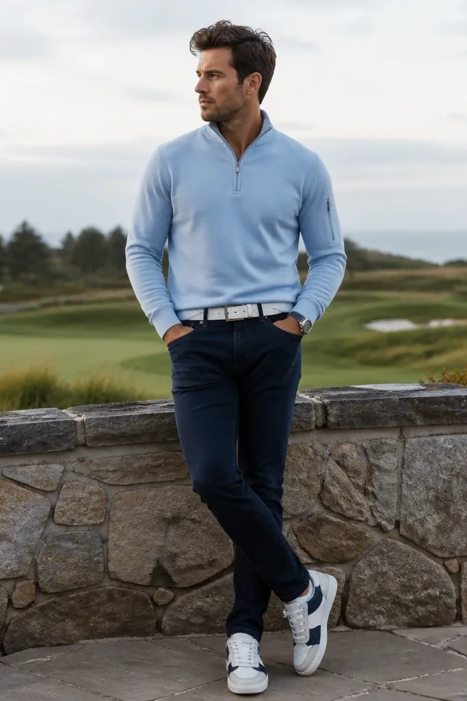 Powder blue quarter zip with a small zippered sleeve pocket, worn with navy slim jeans. A white leather belt and white-and-navy sneakers are visible; the quarter zip collar is slightly open.