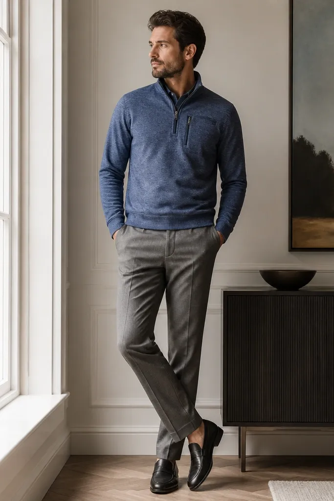 Heathered blue quarter zip with subtle speckling, paired with grey wool-blend slacks. The quarter zip has a zip pocket on the left chest; shoes are black leather loafers.