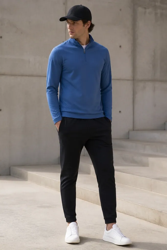 Medium blue quarter zip with a side zipper pocket seam near the hip, styled with black tapered track pants. White sneakers and a black baseball cap are visible; the quarter zip is zipped to the top third.