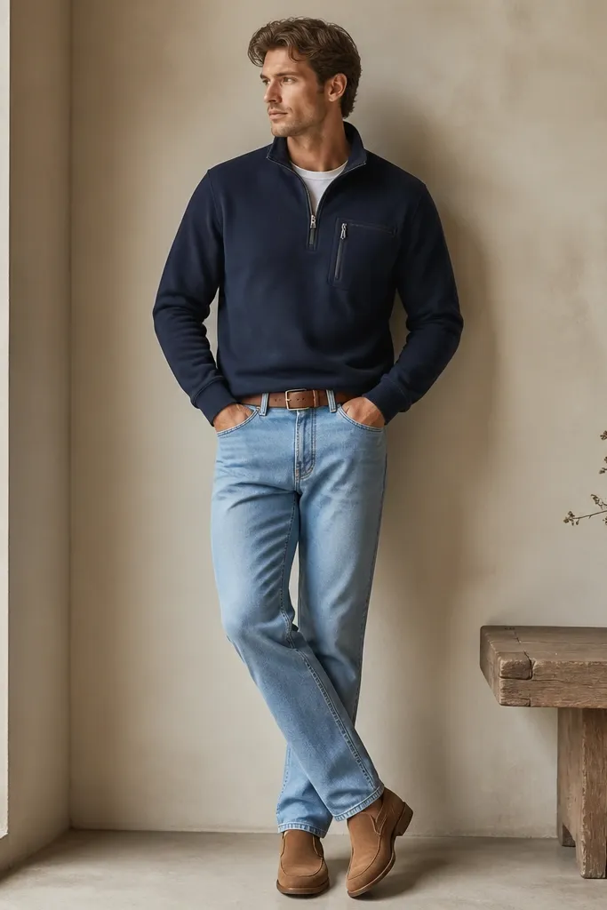 Navy quarter zip with a visible zippered chest pocket, paired with light-wash straight denim. Brown leather belt and tan suede shoes appear; the quarter zip hem sits at the waistband.