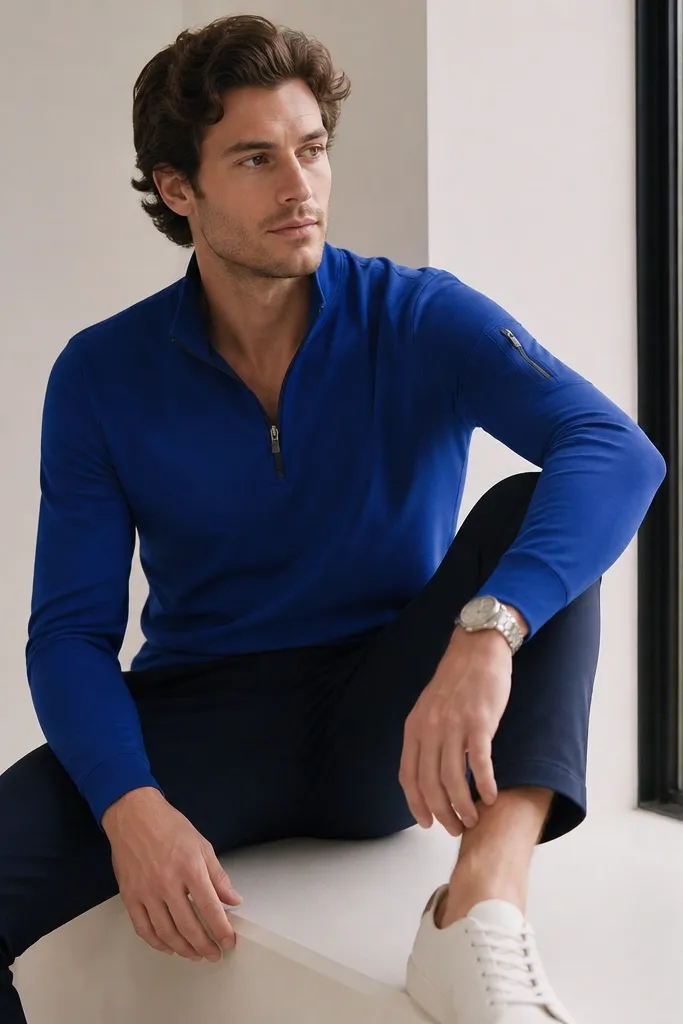Royal blue quarter zip with a clean, smooth knit, paired with navy chinos. The quarter zip has a small zip on the right sleeve; white sneakers and a silver watch are visible.