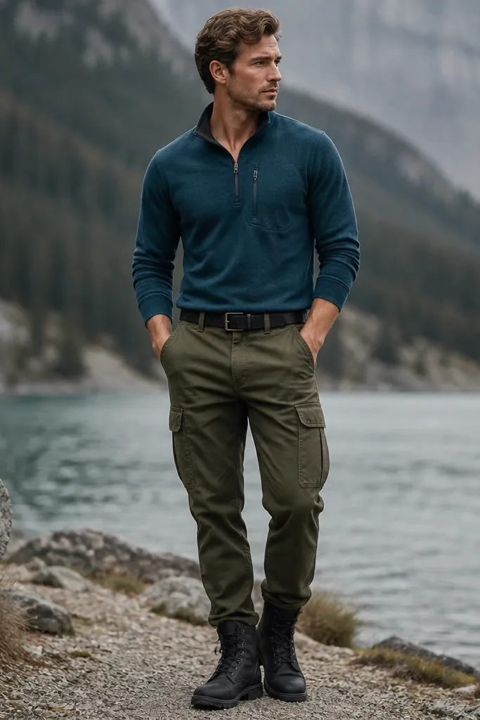 Teal-blue quarter zip with a zip pocket at the left chest, paired with dark olive cargo pants with flap pockets. Black boots and a simple belt are visible; the quarter zip collar shows a soft fold.