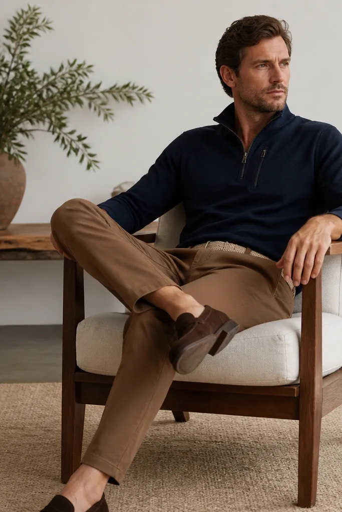 Navy quarter zip with zippered chest pocket, paired with medium brown chinos. Suede loafers in dark brown and a light knit belt are visible.