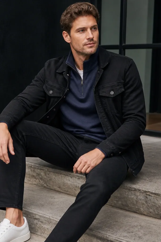 Heather navy quarter zip with a hidden zip pocket, layered under a black denim jacket. Black jeans and white sneakers are shown; the quarter zip hem peeks under the jacket.