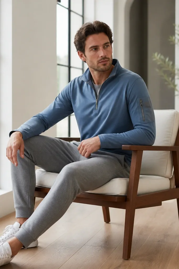 Mid-blue quarter zip with zip on the sleeve, worn with grey joggers and white trainers. The collar is slightly open; the quarter zip has a clean hem and minimal branding.