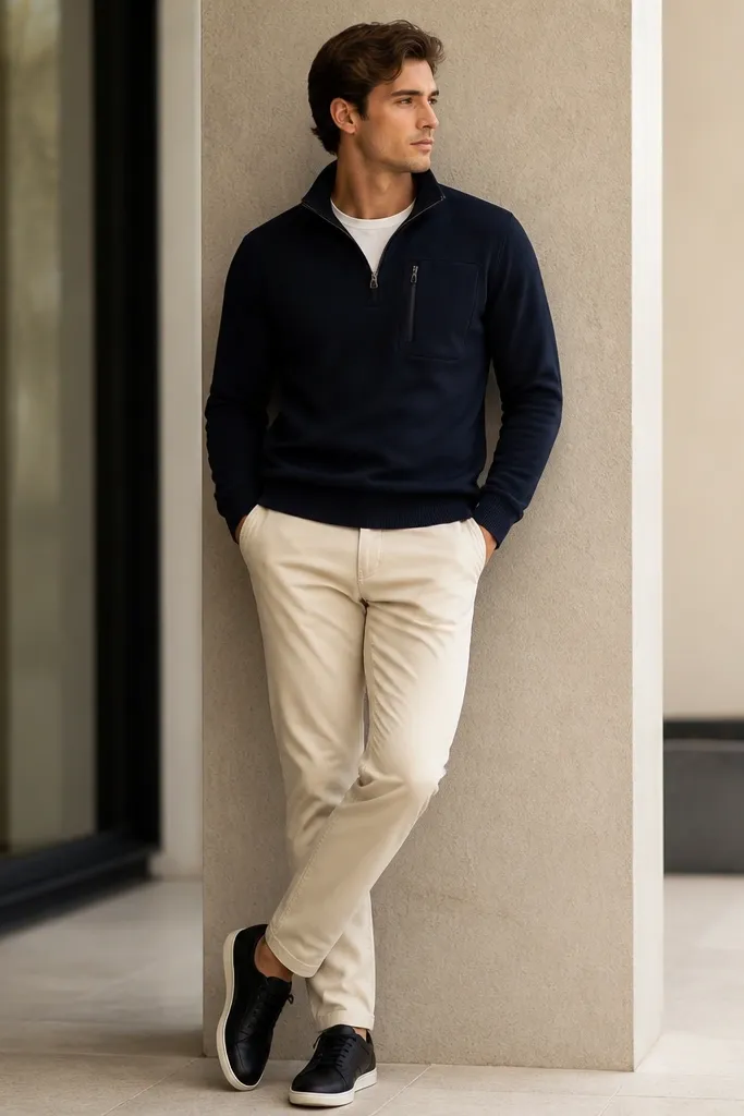 Navy quarter zip with a cream t-shirt underneath, paired with cream chinos. The quarter zip has a zippered chest pocket and a visible zipper pull. Shoes are black leather sneakers.