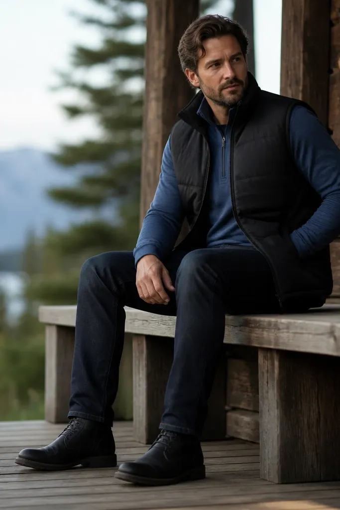Blue quarter zip with a zippered inner pocket, layered under a black insulated vest. Dark jeans and black boots are shown; the vest has a clean, minimal front.