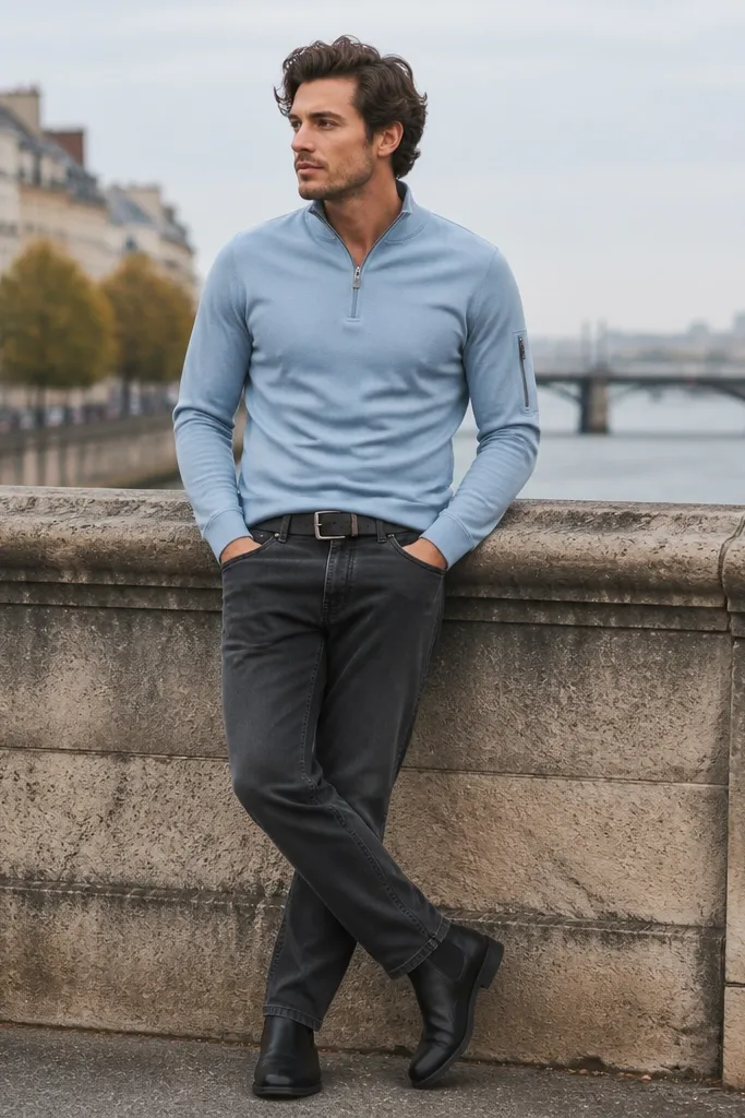Powder blue quarter zip with a sleeve pocket seam, paired with dark grey denim. Black Chelsea boots and a dark belt are visible; the quarter zip hem sits cleanly over the waistband.