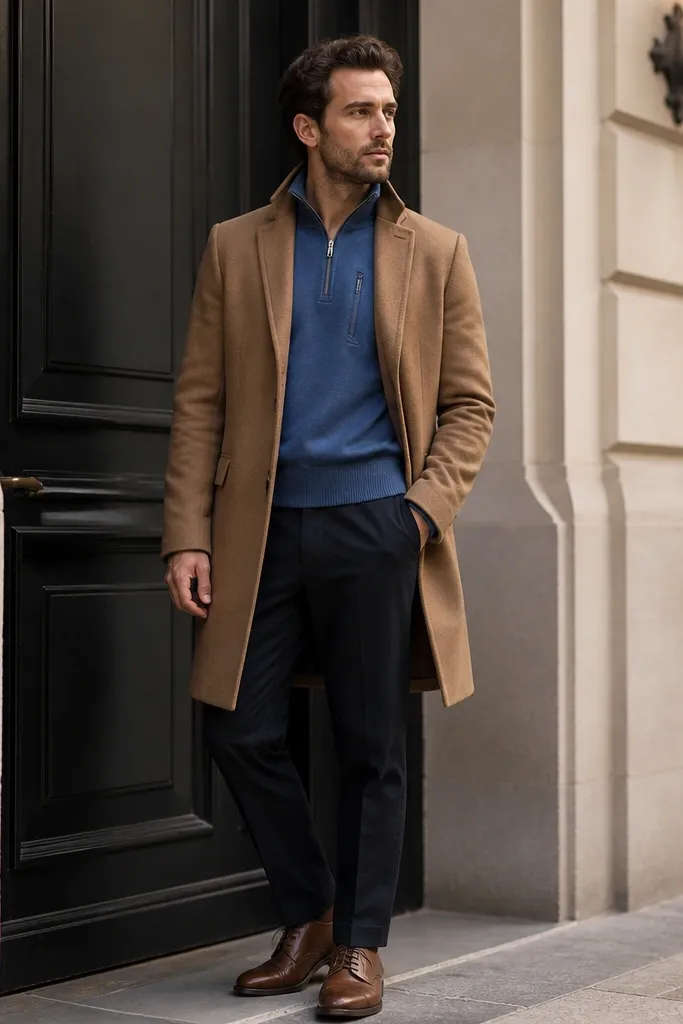 Blue quarter zip with a zippered chest pocket, layered under a camel overcoat. Dark trousers and brown leather lace-up shoes are visible; the quarter zip collar peeks above the coat lapel.