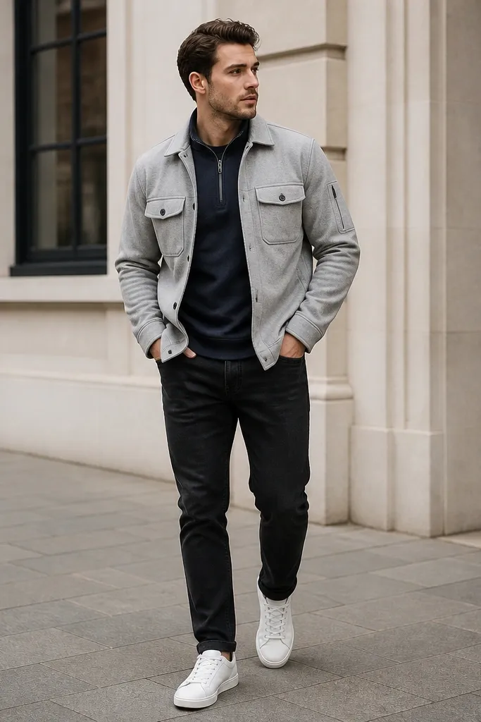 Navy quarter zip with a sleeve pocket, worn under a light grey overshirt. The overshirt has a button front and chest pockets; black jeans and white sneakers finish the look.