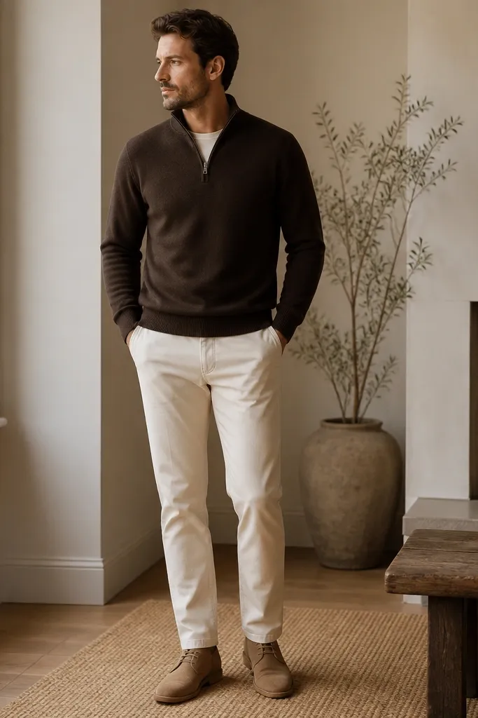 A deep espresso brown quarter zip sweater worn over an ecru crew-neck tee, paired with light cream chinos and tan suede chukka boots; the half-zip is closed to mid-chest and the outfit looks clean and warm.