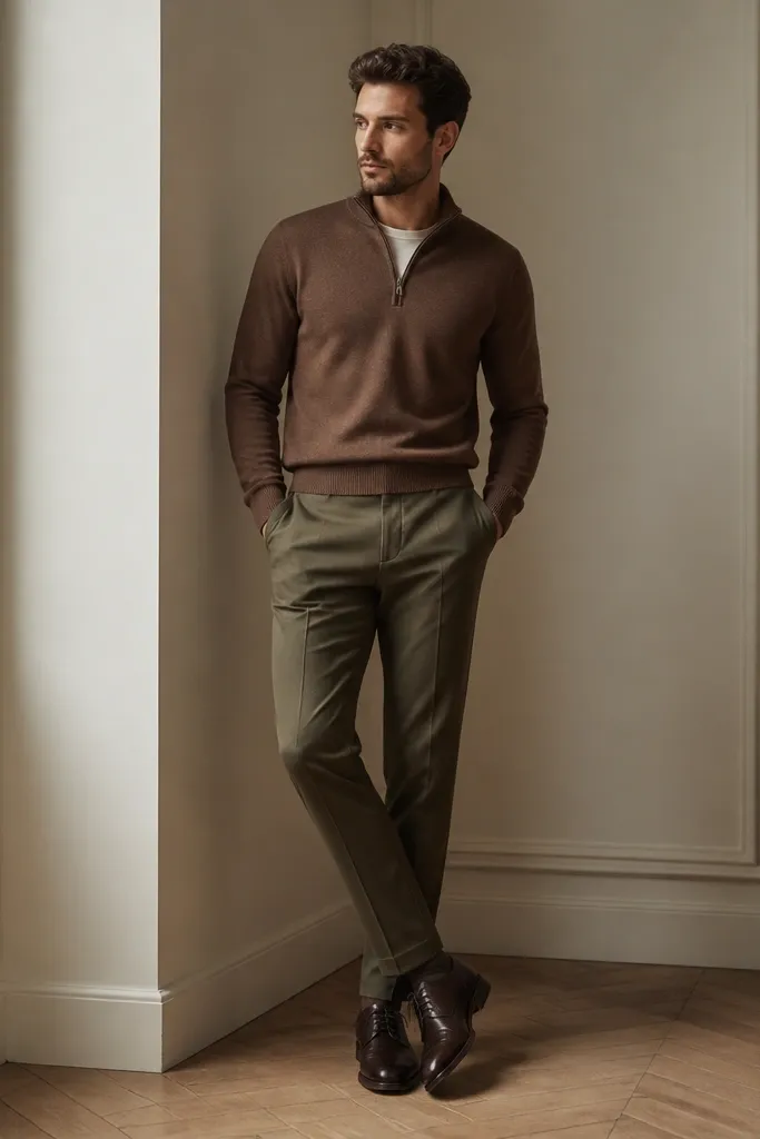 A medium cocoa-brown quarter zip sweater worn with an olive tapered trouser and a dark brown leather derby shoe; the outfit is clean, slightly dressy, and the quarter zip sits neatly at the waist.