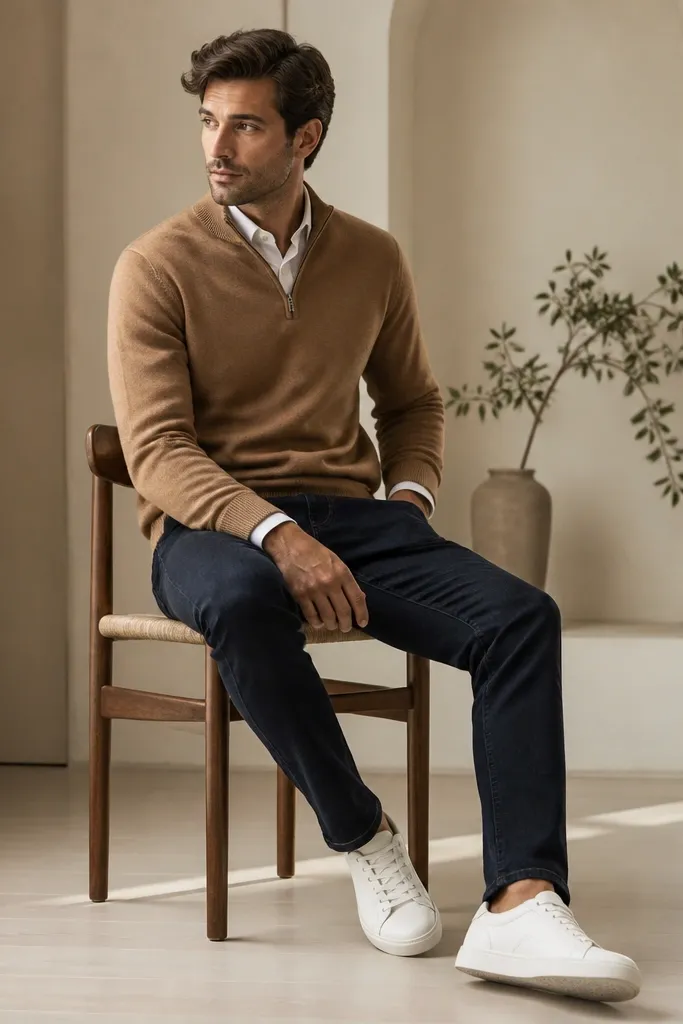 A camel brown quarter zip sweater layered over a white shirt, paired with dark navy jeans and clean white sneakers with a low profile; the look feels casual but sharp.