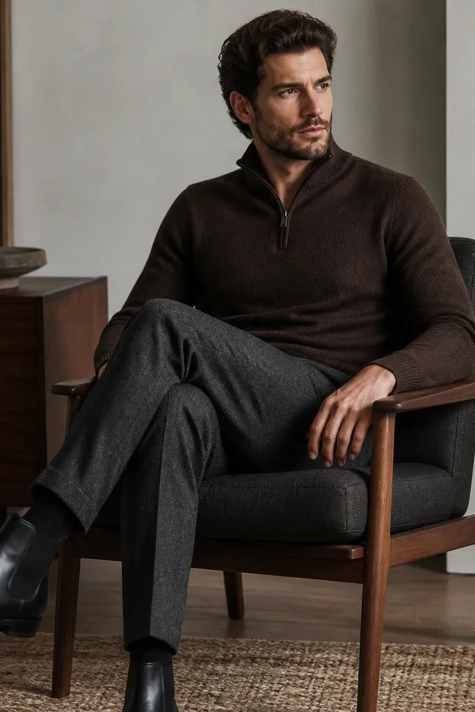 A chocolate brown quarter zip sweater worn with charcoal wool trousers and black Chelsea boots; the outfit looks warm, structured, and slightly dressy.