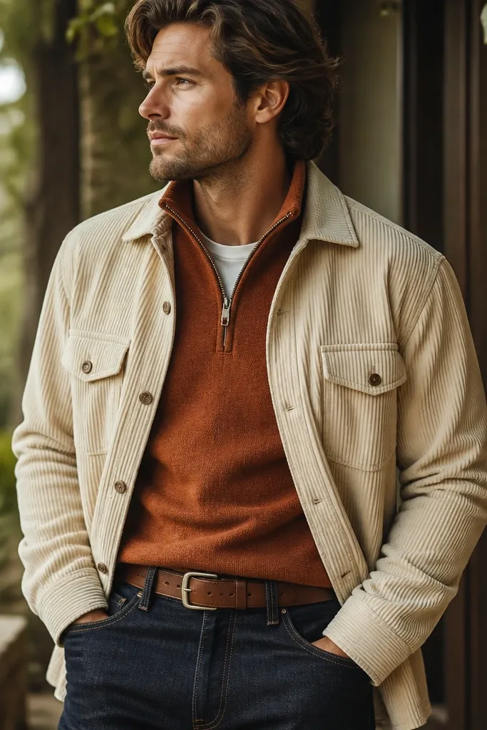 A rust-brown quarter zip under a cream corduroy overshirt, with dark jeans and a brown leather belt; the outfit has warm texture and layered depth.
