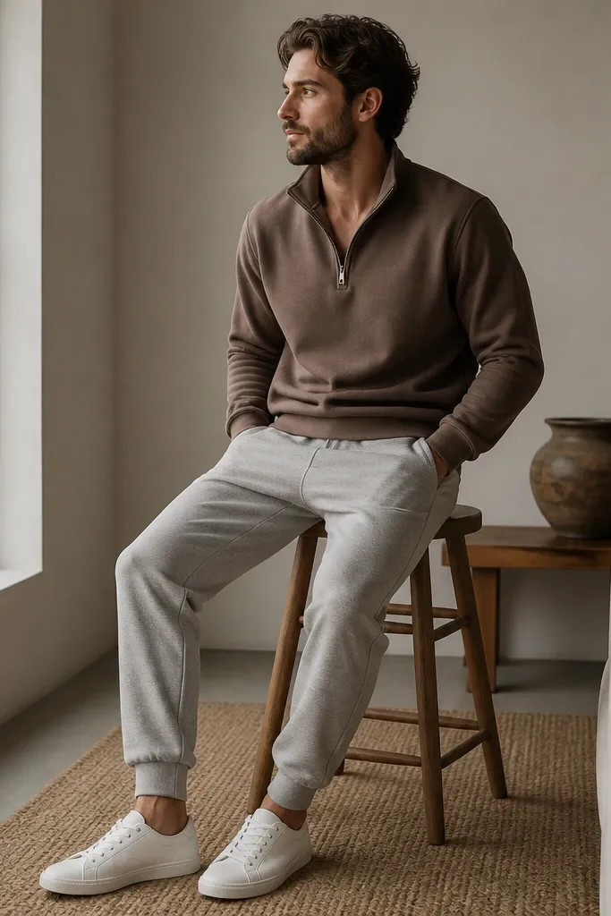 A mocha brown quarter zip worn with light gray joggers and clean white canvas sneakers; the fit is relaxed but not sloppy, with the quarter zip zipped halfway.