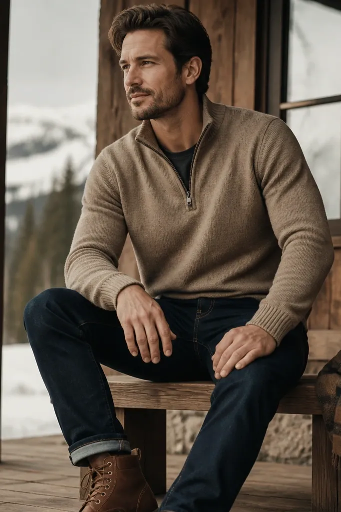 A tan quarter zip sweater over a dark tee, paired with dark wash denim and rugged leather boots with a warm, winter-ready look.