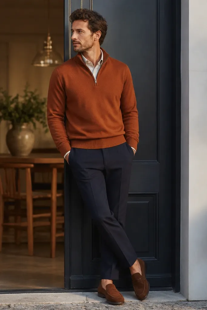 An auburn-brown quarter zip with a navy chino and suede loafers; the outfit looks warm, polished, and casual-smart.