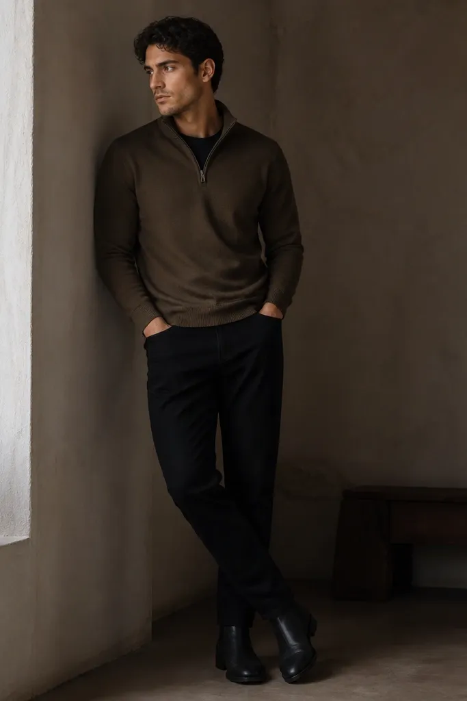 An olive-brown quarter zip worn over a black tee with black straight jeans and black Chelsea boots; the look is monochrome with a warm twist.