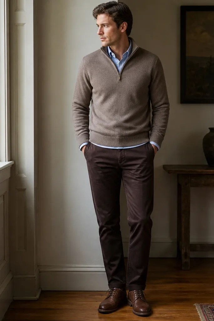 A light cocoa quarter zip layered over a light blue Oxford button-down, paired with dark brown chinos and brown leather lace-up shoes.