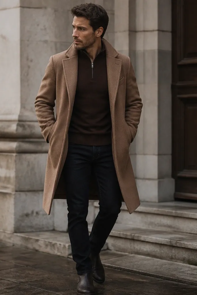 An espresso brown quarter zip with a camel overcoat worn open over dark jeans and dark boots; the outfit looks warm and styled for colder weather.