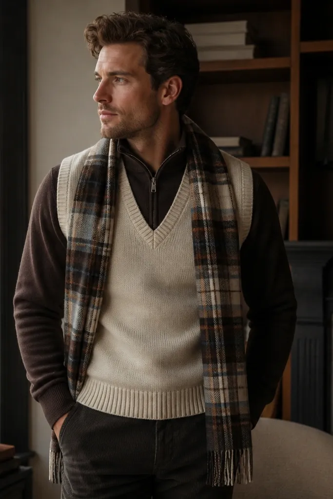 A dark brown quarter zip layered under a cream sweater vest, with a muted plaid scarf and dark pants; the look is cozy and layered.
