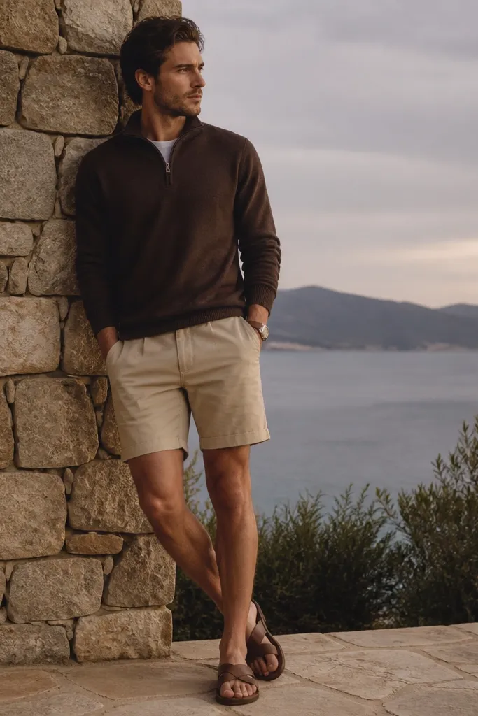 A chocolate brown quarter zip worn with tan chino shorts and leather sandals; the outfit looks warm for shoulder-season evenings.