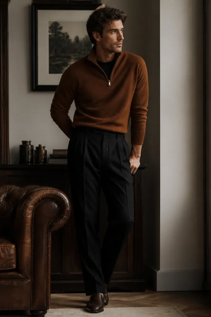 A cinnamon brown quarter zip worn over a black tee, paired with black pleated trousers and dark loafers; the outfit looks dressed up but still cozy.