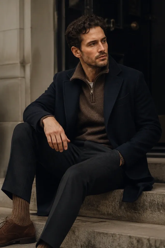 A mocha brown quarter zip under a navy overcoat, with dark trousers and visible wool socks in a warm brown tone; the look is winter-ready and cozy.