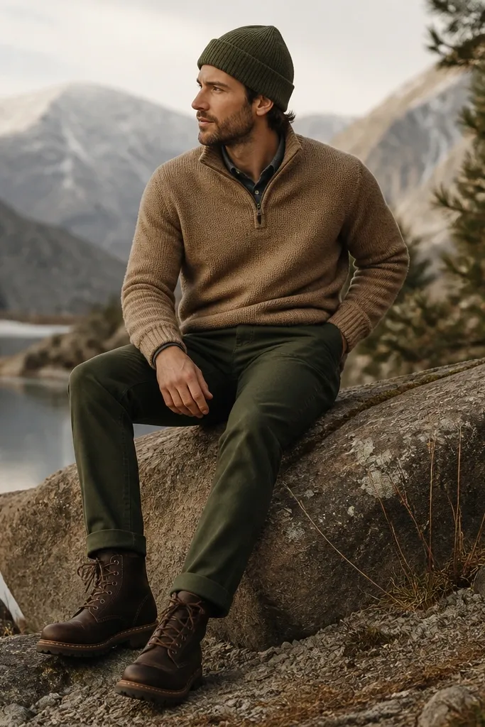 A lighter brown quarter zip with an olive knit beanie, paired with dark green chinos and brown boots; the outfit looks cozy and outdoorsy without being rough.