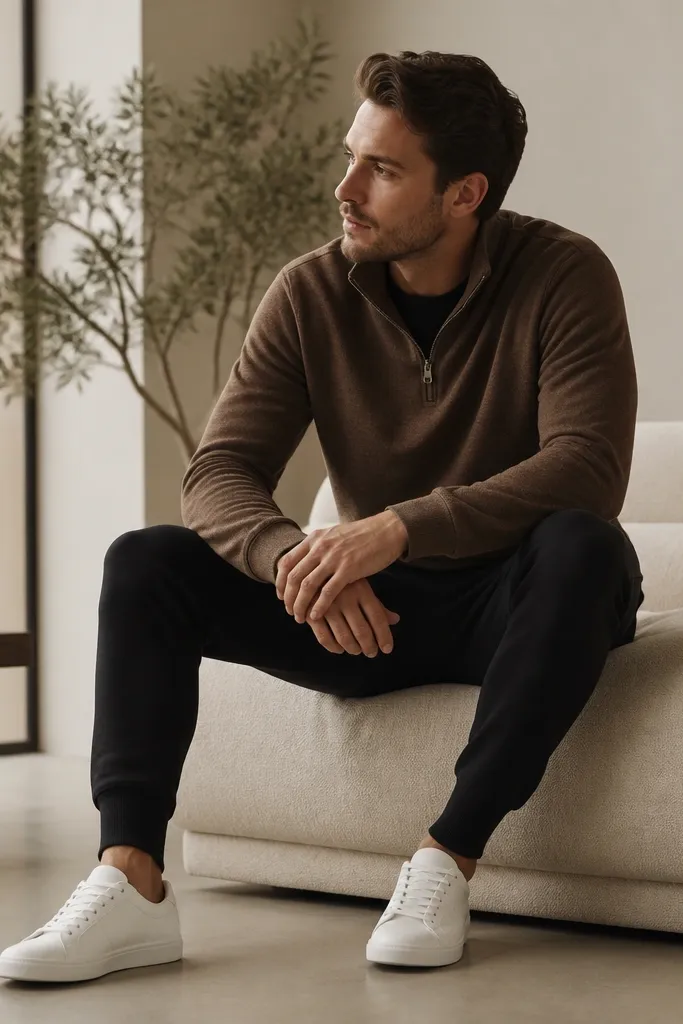 A walnut brown quarter zip worn with black tapered joggers and minimal white sneakers; the outfit is sporty-cozy and clean.
