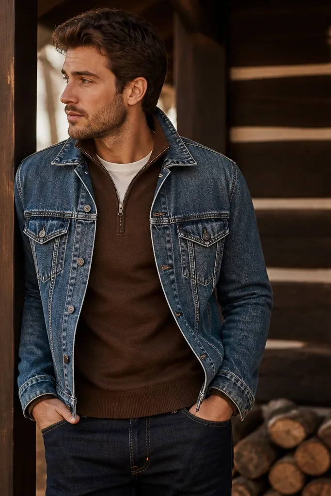 A chestnut brown quarter zip layered with a medium-wash denim jacket and dark jeans; the outfit feels casual, layered, and warm for fall.