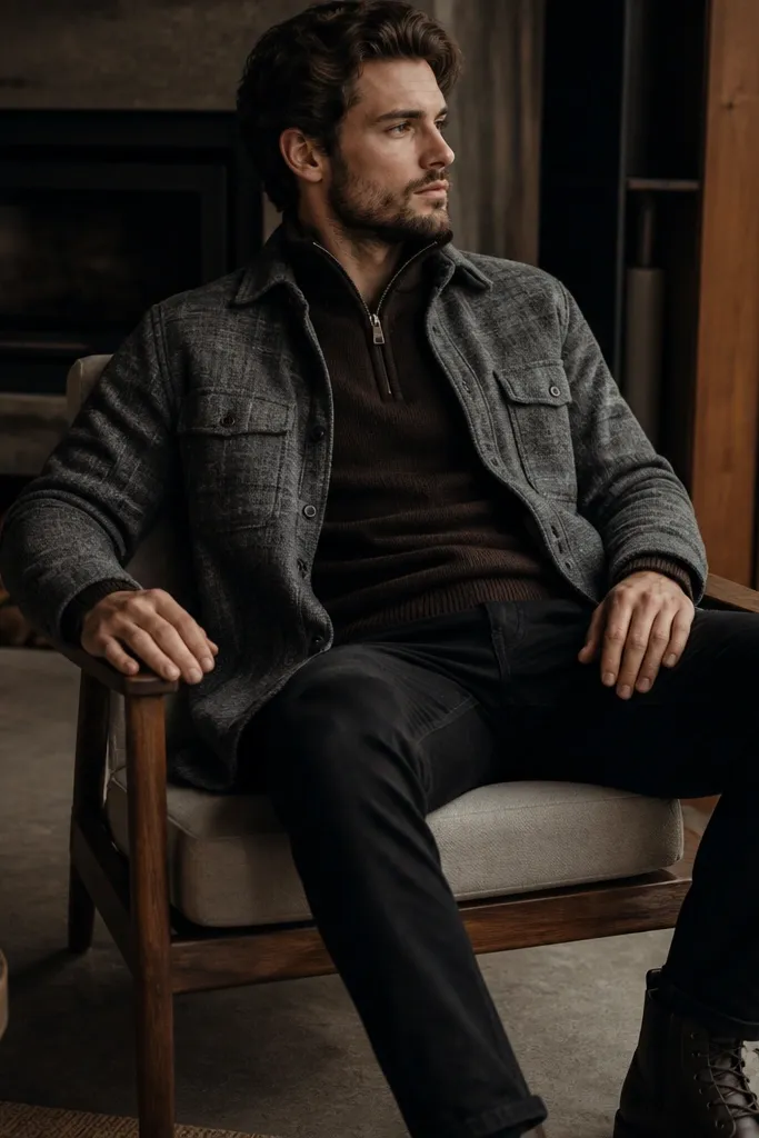 An espresso brown quarter zip worn under a gray flannel overshirt, paired with black jeans and dark boots; the layers look warm and textured.
